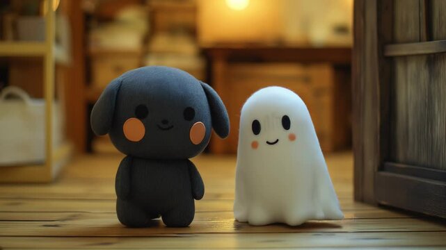 Puppy and ghost duo centered in frame. Static camera with dreamy focus. Ghost performs gentle bobbing motion while puppy sways with subtle head tilts. Warm background glow creates depth.