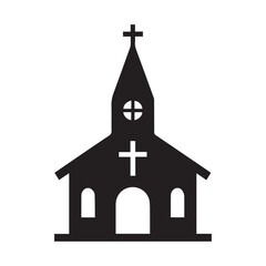 Simple black and white illustration of a church building.