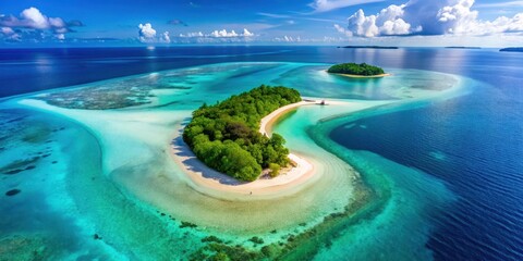 Fototapeta premium Aerial view of two tropical islands connected by a sandbar surrounded by crystal clear waters, beach, riviera, beach