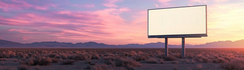 Empty billboard in a vast desert landscape during sunset with colorful sky and distant mountains under a serene atmosphere