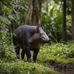 Fototapeta premium tapir on its habitat, sunset, mountain, river, wildlife photography, Rare Animal, extinct animals
