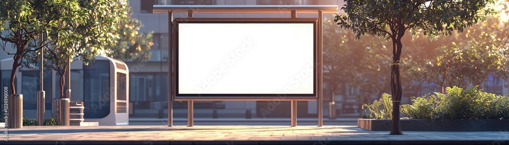 Poster Modern urban street scene featuring an empty billboard sign surrounded by trees, sunlight casting soft shadows on the pavement in a vibrant city environment