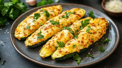 Baked zucchini slices topped with cheese and fresh parsley served on a rustic gray plate with a sprinkle of garlic for extra flavor.