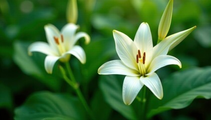 Delicate white lily petals unfold on lush green foliage, elegant, floral, calm