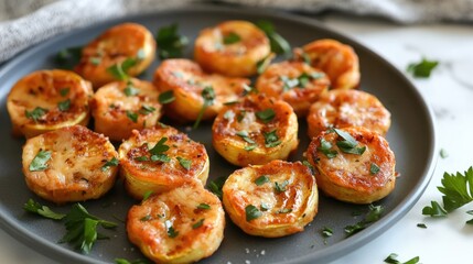 Fototapeta premium Baked zucchini with melted cheese, garlic slices, and fresh herbs served on a gray plate with scattered parsley leaves for garnish.