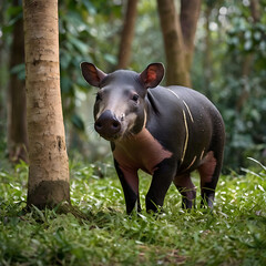 Fototapeta premium tapir on its habitat, sunset, mountain, river, wildlife photography, Rare Animal, extinct animals