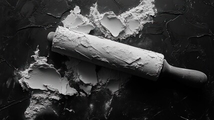 Flour-covered rolling pin on dark surface.