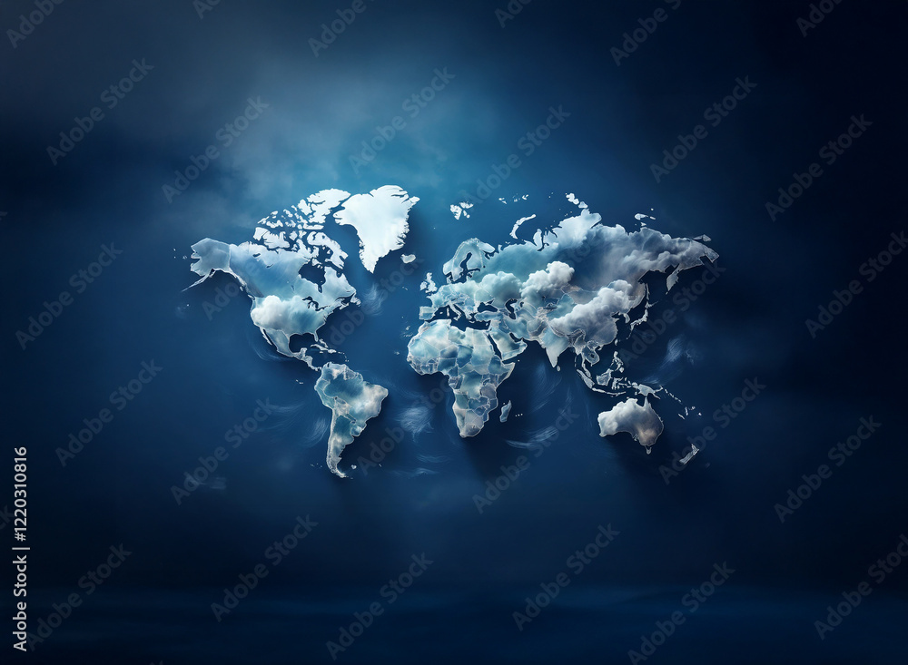 Poster a world map formed by fluffy clouds, set against a deep blue sky. the clouds are subtly textured, gi