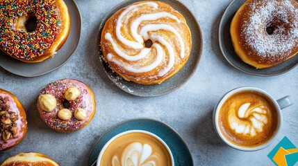 Fototapeta premium Cozy Bakery Table with Donuts and Coffee
