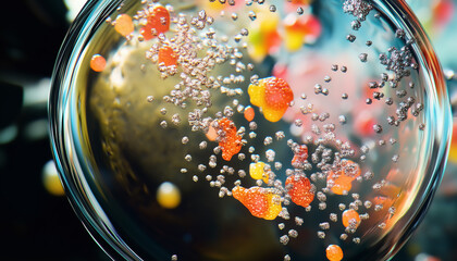 Close-up of a microscope’s lens reflecting a vibrant microbial culture.  Generative AI.