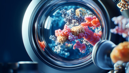Close-up of a microscope’s lens reflecting a vibrant microbial culture.  Generative AI.