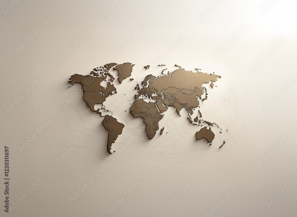 Poster an embossed, light brown world map on a beige background, suggesting global reach and connection. th