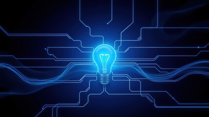 Fototapeta premium A glowing blue light bulb is surrounded by intricate circuit patterns, symbolizing innovation and technology.