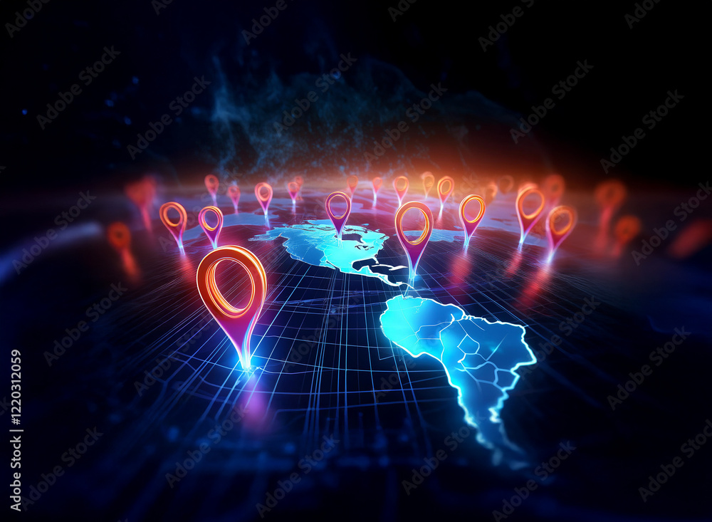 Poster glowing map markers pinpoint locations on a digital globe, symbolizing global connectivity and data 