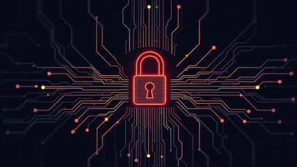 A digital lock symbol surrounded by intricate circuitry, representing cybersecurity and data protection.
