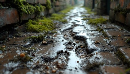 Fototapeta premium Rat tracks in wet alleyway - Signs of hidden life - Suitable for nature documentaries, urban exploration content, or environmental articles