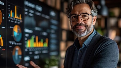 Fototapeta premium Confident Businessman Analyzing Data on a Large Screen