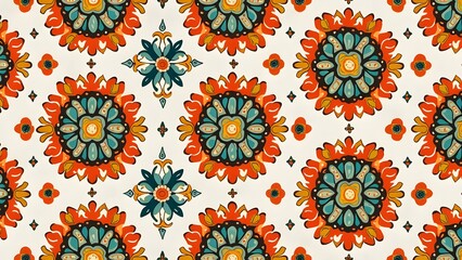 Intricate Paisley and Floral Burst Pattern Wallpaper Zigzag and Wave Borders in Rich Colors on Textured Cream Background