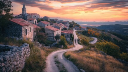 Obraz premium Stone Village Hillside Sunset Scenic View
