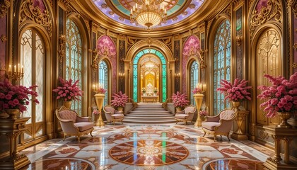 Obraz premium Futuristic stunning French mansion interior glamorous beautiful colorful dreamy impressive elegant intricate complex detailed magnificent gold blue pink green orange peridot lilac yellow magenta cyan 