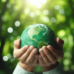 Environment Earth Day In the hands holding green earth on Bokeh green Background Saving environment and environmentally sustainable Save Earth Concept of the Environment World Earth Day