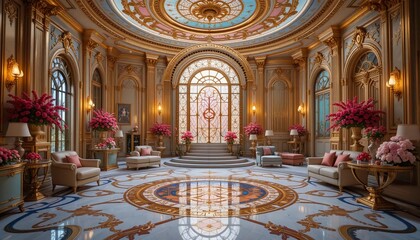 Obraz premium Futuristic stunning French mansion interior glamorous beautiful colorful dreamy impressive elegant intricate complex detailed magnificent gold blue pink green orange peridot lilac yellow magenta cyan 