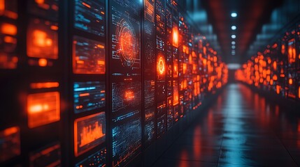 Futuristic Server Room Displays Data Streams And Information