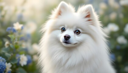 A fluffy white Pomeranian portrait with soft, dreamy background, conveying innocence and purity, ideal for pet products, greeting cards or social media