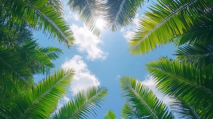 Fototapeta premium Low angle view of palm trees against a bright blue sky. (1)