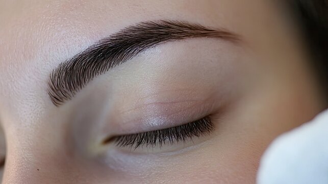 Permanent makeup care Close-up of cotton sponge removing pigment from eyebrows, professional PMU technique, clean and precise