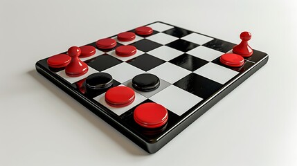 A Checkers game board with black and red pieces, positioned on a clean white surface.