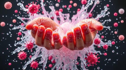 A pair of hands holds water and floating pink particles, symbolizing the connection between humans and the microscopic world of germs or viruses.