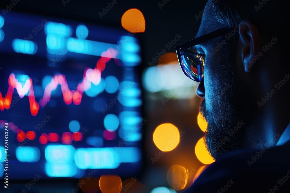 Poster a focused individual analyzes a data screen displaying fluctuating graphs, illuminated by vibrant ci