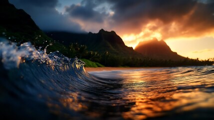 Sunset over the Ocean with a Dramatic Wave