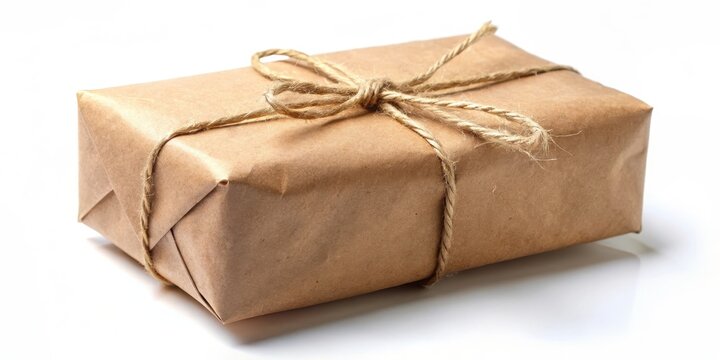 Small parcel wrapped in brown paper with twine and tied at top, parcel, brown paper,  parcel, brown paper