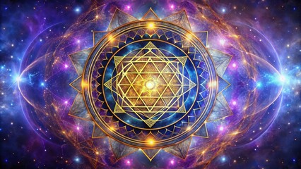 Sri Yantra at the center of a swirling galaxy, with golden lines intersecting vibrant purple and blue hues, set against a dark cosmic background, sri yantra, astrophysics