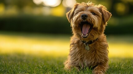 Senior dog resting on grass with its mouth open, surrounded by a blurry, vibrant park, horizontal photo with natural light.