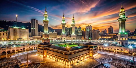 Fototapeta premium Urban exploration unveils Mecca's nighttime splendor; the Kaaba, a beacon in the holy city's darkness.