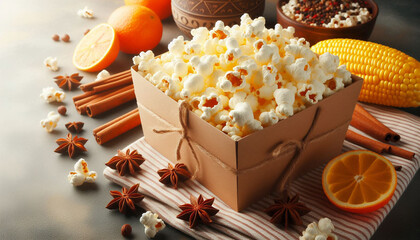 Traditional box of popcorn. Favorite movie theater snack. National Popcorn Day. 