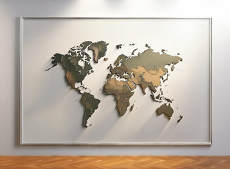 A large, framed world map with a 3D textured design hangs on a minimalist white wall above a hardwood floor, casting a subtle shadow.  The map is muted earth tones.