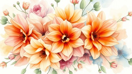 A vibrant watercolor painting of orange and pink flowers with delicate buds against a soft, pastel background.
