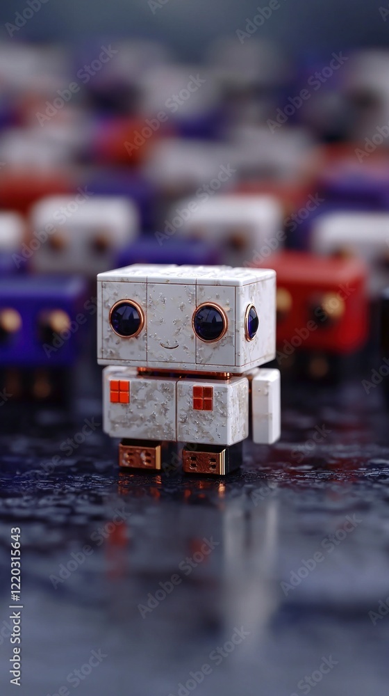 Poster unique white robot in crowd of cubes 3d render
