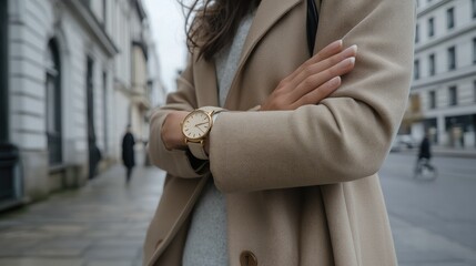 Fototapeta premium Stylish close-up of a golden hand watch on a woman's wrist, paired with chic street-style accessories in an urban European setting.