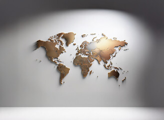 A bronze world map, subtly textured, hangs on a minimalist white wall, illuminated by a single spotlight.  The map's relief offers a three-dimensional perspective.