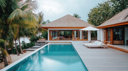 Fototapeta premium Modern tropical villa with stunning swimming pool, sun loungers, and lush greenery by the sea