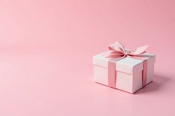 Fototapeta premium A beautiful pink gift box adorned with a ribbon on a soft pastel pink background.
