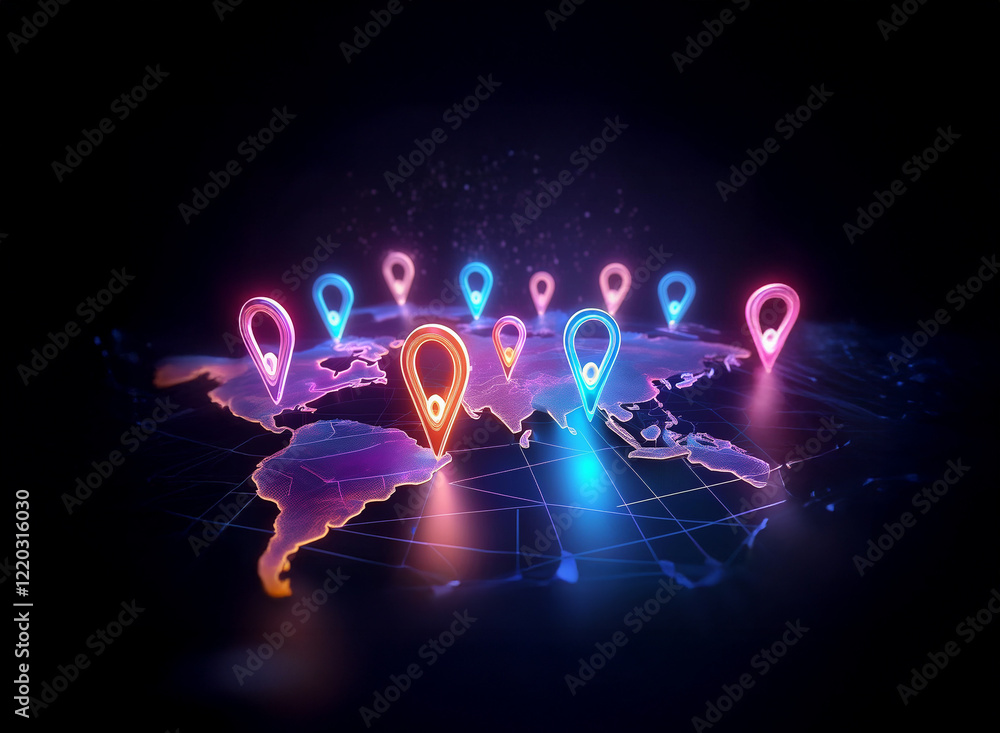 Poster glowing map markers illuminate a digital world map, symbolizing global connectivity and location-bas