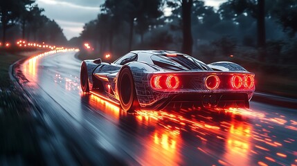 Futuristic Sports Car Speeding Down a Wet Road at Night