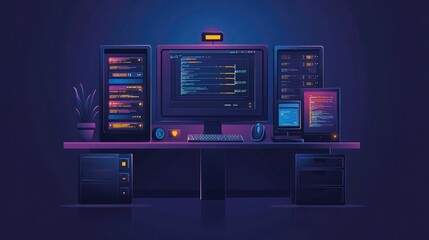 Futuristic Home Office Setup with Monitors, Code Display, and Neon Lighting