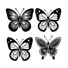 Silhouette black flying butterflies  set isolated on  vector  white background